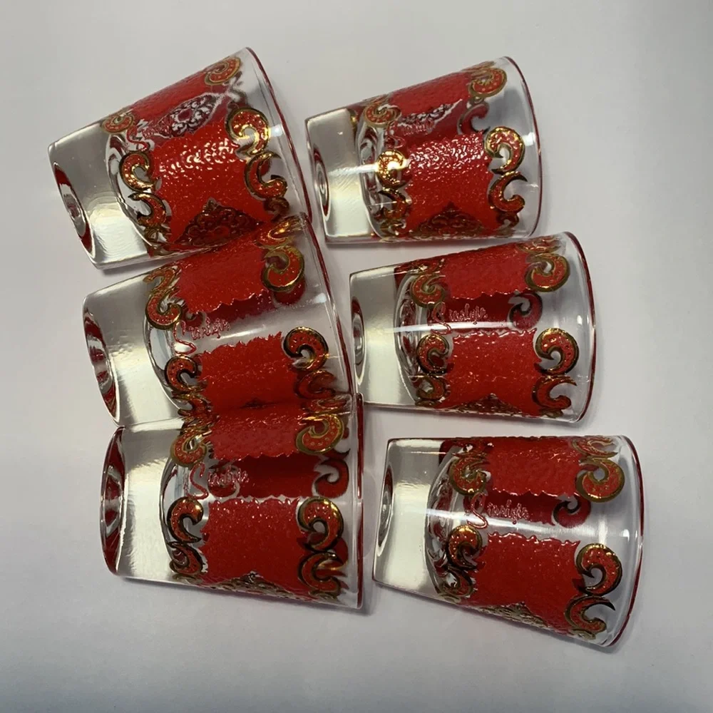 VTG Starlyte Barware Shot Glasses Signed Red and Gold Textured Design Set Of Six
